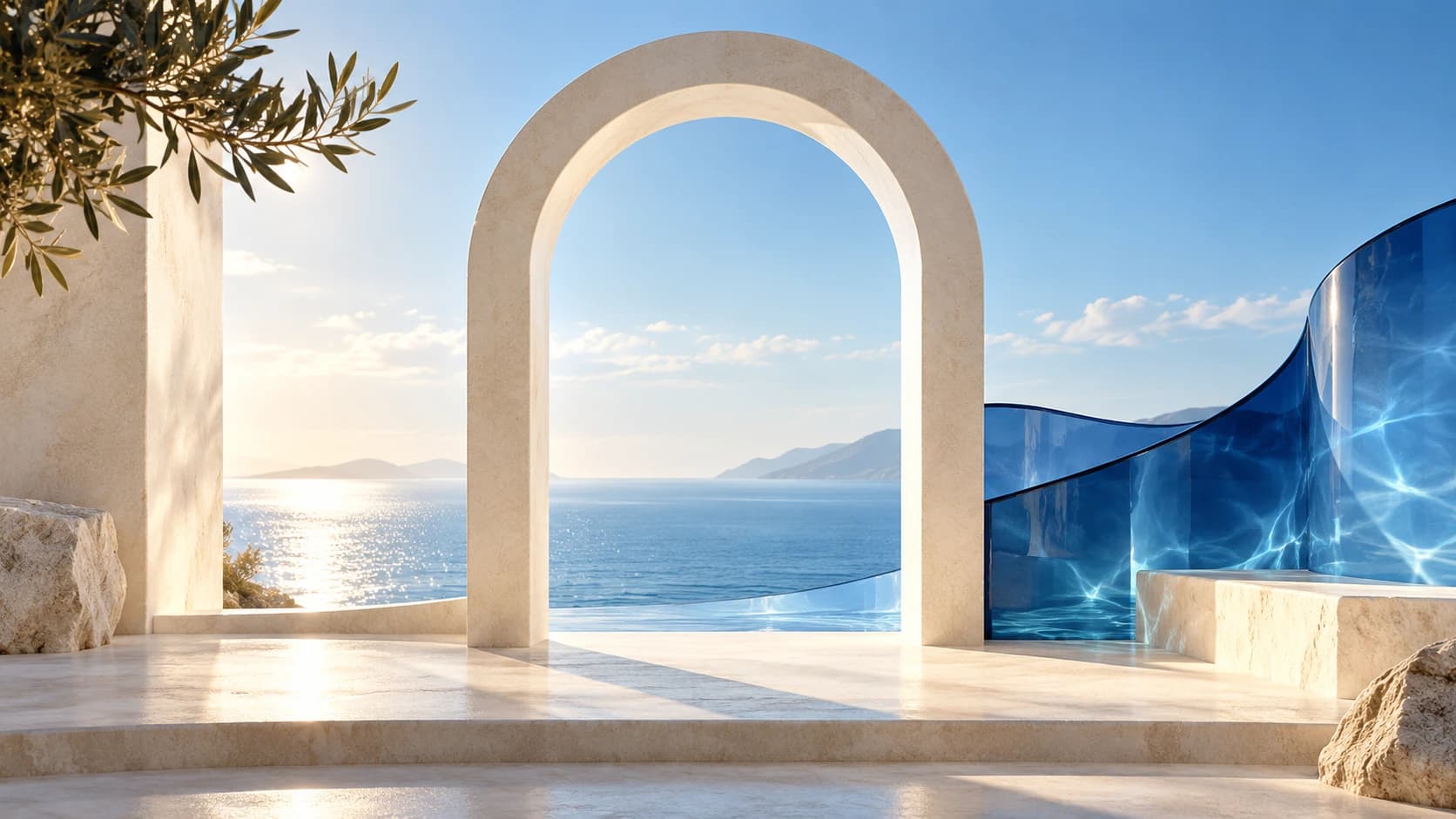 An illustrated ivory doorway opening onto a calm blue horizon